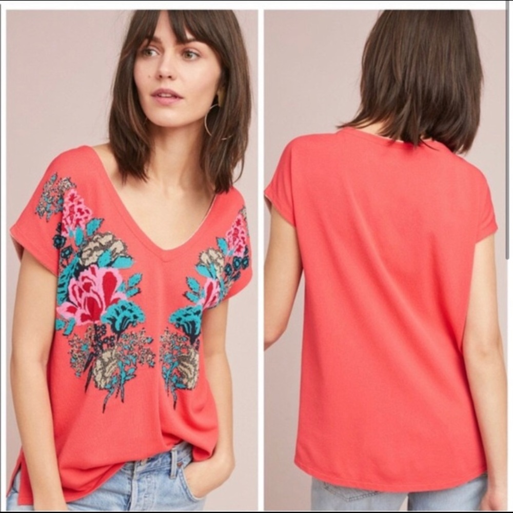 Floral Embroidered Coral Blouse